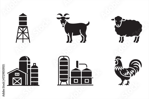 Farm animal and barn icons set featuring goat, sheep, rooster, silo, and rural agriculture symbols