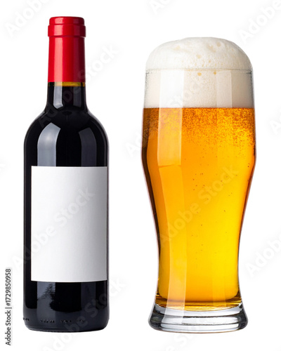 A Refreshing Combination Beer Glass and Wine Bottle on White Background