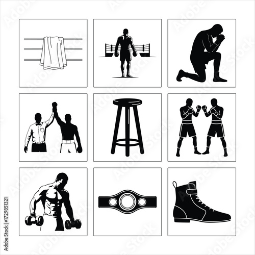 Boxing Black And White Icons Representing Boxer Equipment And Training For Sport Silhouette