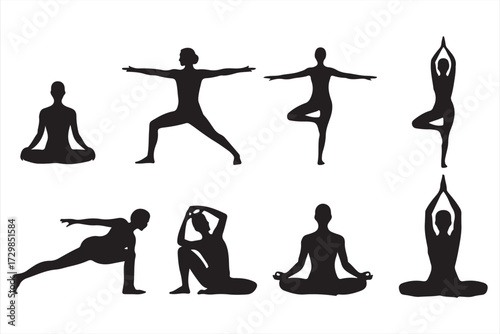 Black silhouette yoga icons set with meditation and stretching postures for health and lifestyle themes