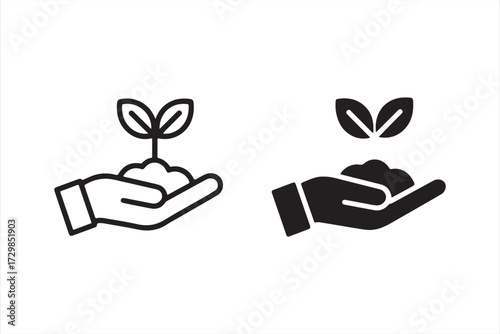 Eco hand holding plant icon symbolizing growth, sustainability, and organic farming in vector style