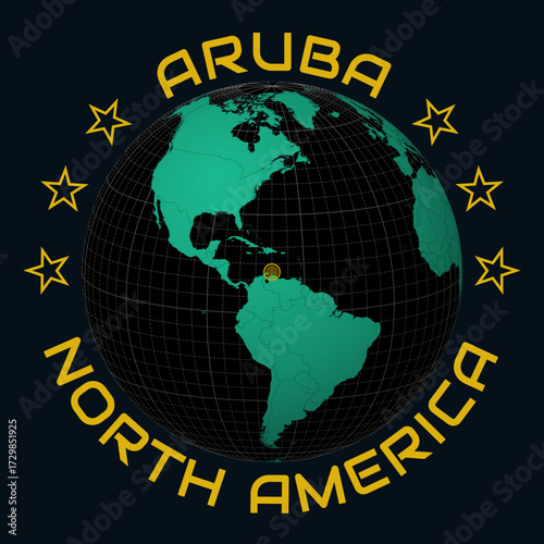 Aruba on Globe. Round country and continent name text. Country view on world map in Black Emerald color palette. Aruba shape on map. Classic vector illustration.