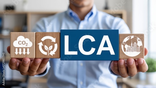 Man displays blocks with LCA concept, symbolizing sustainability and environmental impact reduction.