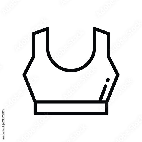 Black outline of a sports bra featuring a curved neckline tank top straps a broad horizontal band and a simple minimalist design
