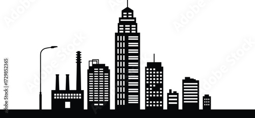Monochrome vector setModern city skyline silhouette with skyscrapers, factories, and streetlamp, minimalist urban landscape