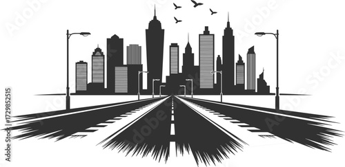 Modern cityscape silhouette with highway leading to urban skyline, streetlights, and flying birds, minimalist black and white design.