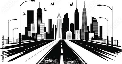 Modern cityscape silhouette with highway leading to urban skyline, streetlights, and flying birds, minimalist black and white design.