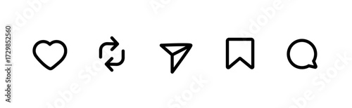 Like, Repost, comment share save vector icon set. Site navigation symbol. Social media web linear sign	