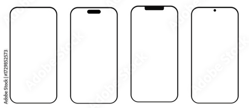 Smartphone frame mockup vector set with different notch styles and bezel designs including modern mobile screen outline template for UI UX and app