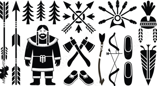 Native American warrior in fur coat, arrows, bow, tomahawk, headdress, moccasins, pine trees, sun symbol, tribal culture, vector illustration
