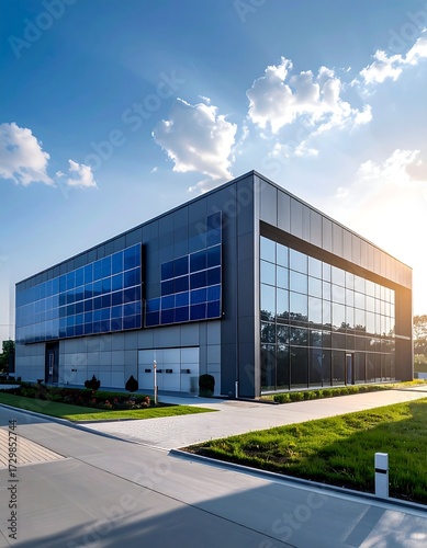 Modern industrial building with solar panels, large glass windows, and landscaping