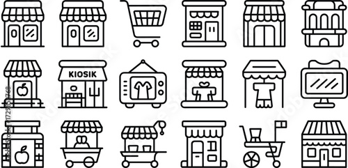 Shopping Icons Set, Retail Store Fronts, Market Stalls, Carts, Kiosks, Line Art Vector Illustration for E-commerce Design