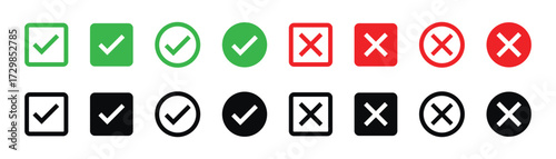 check mark icon button set. check box icon with right and wrong buttons and yes or no checkmark icons in green tick box and red cross
