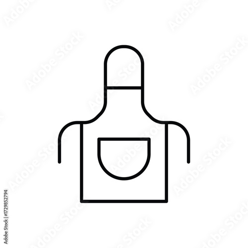 Line drawing of an apron with a bib neck loop tie straps and a rounded pocket