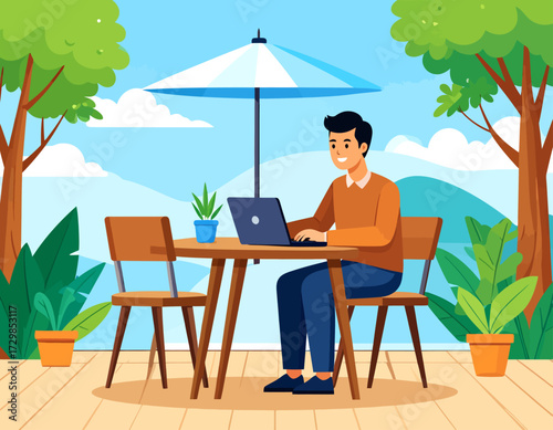 A contented man works outdoors on his laptop at a wooden table in a park or garden. The serene scene under a shade umbrella captures the essence of a tranquil digital nomad lifestyle.