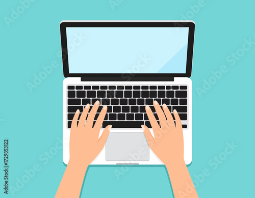 A clean, top-down view of hands actively typing on a laptop keyboard. This vector illustration is perfect for concepts of productivity, remote work, online education, or digital communication.