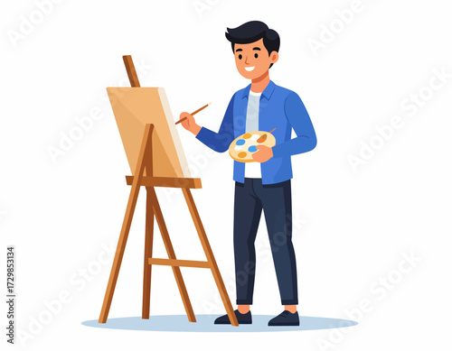 A happy young man standing and actively painting on an easel with a brush and palette. This vibrant vector illustration depicts an artist engaging in a creative hobby or professional art work.