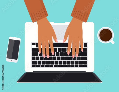  Top-down view of hands typing on a laptop keyboard, accompanied by a smartphone and a cup of coffee. This illustration captures remote work, online learning, or digital communication.