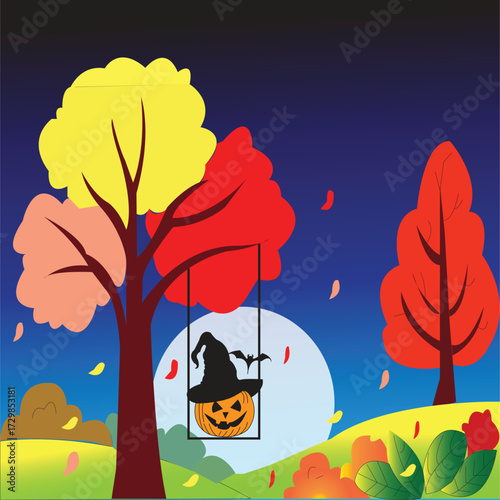Halloween Pumpkin Lantern on Swing in Autumn Forest