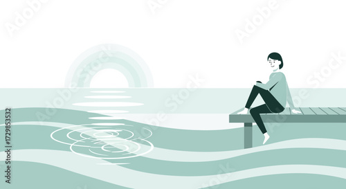Serene solitude on a wooden pier, a woman enjoys tranquil ocean vista at sunset creating calming