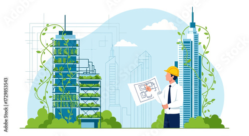 Sustainable Architecture Design: Engineer Inspecting Green Building Blueprint in Urban Setting