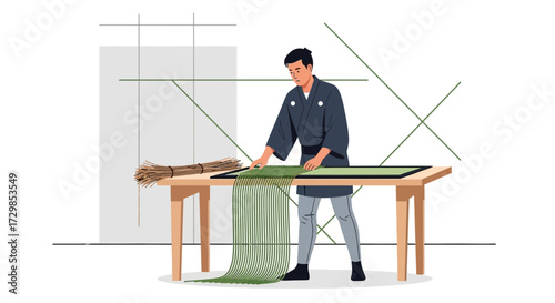 Traditional Craftsmanship: An Artisan Weaving Bamboo Slats on a Work Table with Expertise