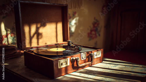 Old typewriter on a desk with a rainy window view behind, creating a nostalgic writer's workspace with moody overcast lighting. Inspiring for writers.