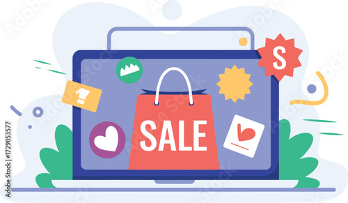 Online shopping concept with a vibrant sale banner displayed on a laptop screen.