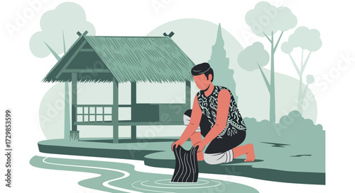 Traditional Indonesian man washing clothes in the river with hut background beautiful scenery