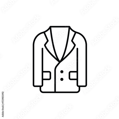 Outline of a blazer featuring a classic lapel design two buttons and front pockets rendered in a minimalist style