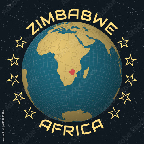 Zimbabwe on Globe. Country name round text. Vintage look with grunge scratched texture. Country view on world map in Sky Blue Light Yellow color palette. Zimbabwe shape on map.