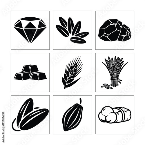 Commodities Pictogram Collection Gold Diamond Coal Wheat Rice Cocoa Cotton Commodities Trading