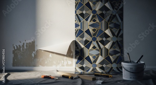 Room renovation, wallpaper removal and installation.  Geometric patterned wallpaper