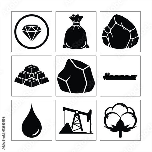 Commodities Trading Icons Set Diamond Gold Coal Oil Cotton And Transportation Black And White