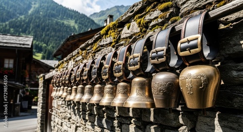 Rustic alpine wall adorned with cowbells