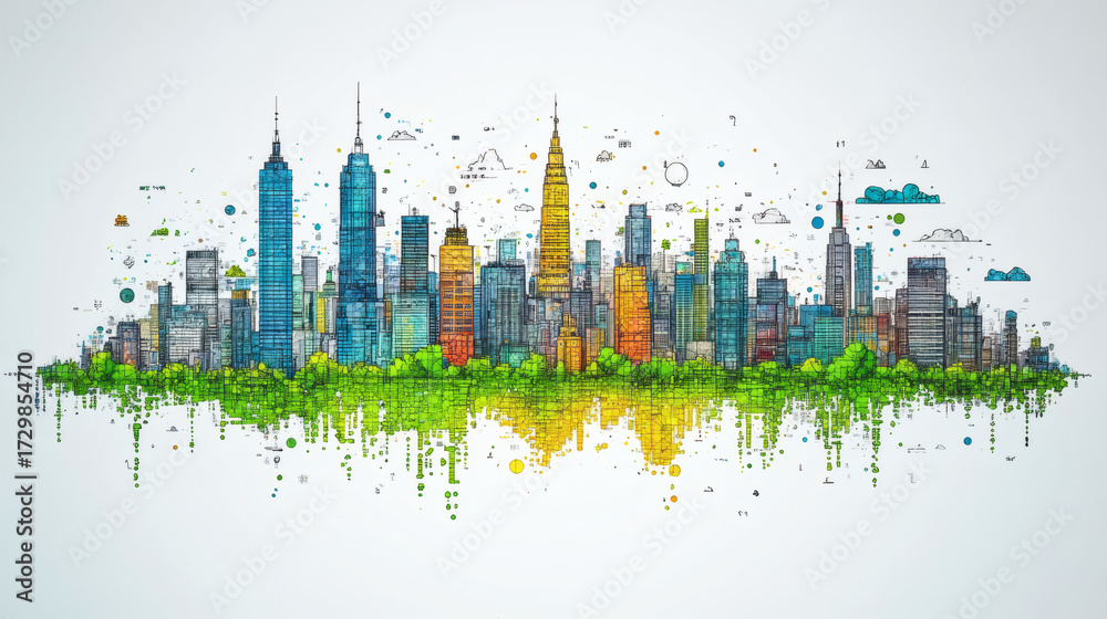 Fototapeta premium Cityscape sketch with green spaces