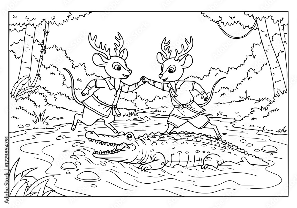 Fototapeta premium coloring page of a crocodile and deer kancil