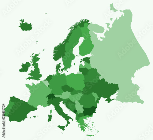 Map of Europe with countries. Just a simple continent border map with country division. Green color palette. Blank Europe shape with administrative division. Vector illustration.