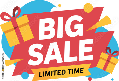 Exciting BIG SALE announcement with gift boxes and vibrant colors, perfect for promotions