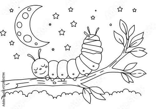 Caterpillar sleeping inside a cocoon on a tree branch, background of moon, stars, and night sky, simple bold line art, black and white, white background, no color, no shading, coloring page for kids.
