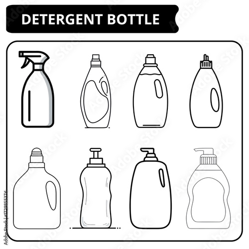 A set of line art icons depicting various detergent and cleaning product bottles for household hygiene concepts