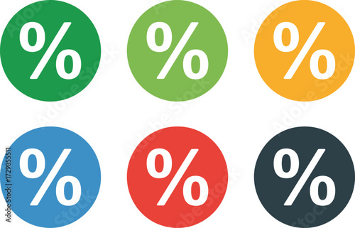 Colorful circular icons with percentage symbols representing finance and discounts