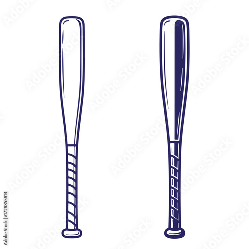 Vector illustration of two detailed baseball bats in blue outline on white background