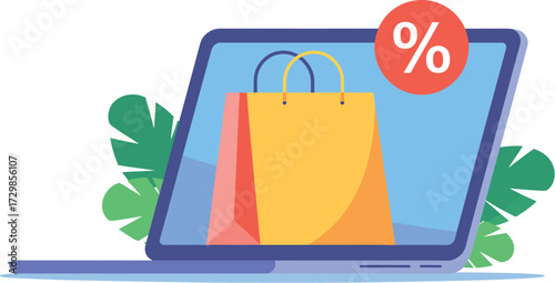 Online shopping sale with discount percentage on laptop screen, convenient e-commerce concept