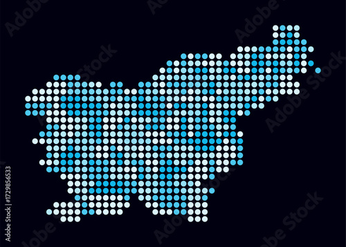 Slovenia dotted map. Digital style map of the country on dark background. Slovenia shape with circle dots. Colored dots style. Large size circles. Simple vector illustration.