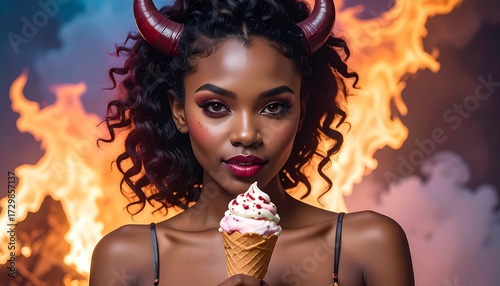 Woman with horns holding ice cream cone amidst flames