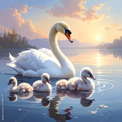 Fototapeta Naklejka Na Ścianę i Meble -  Serene sunset scene of a swan family swimming on calm water, reflected in the lake