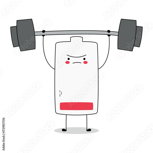 Cute red Low Battery cartoon character lifting weight barbell doodle