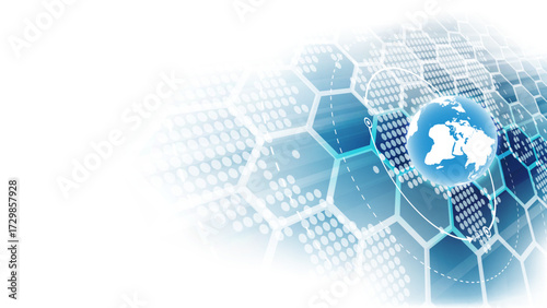 Global Digital Technology Background with Blue Earth Globe, Hexagonal Network Pattern, Abstract Data Grid, and Modern Futuristic Connection Design for Innovation and Worldwide Communication Concepts