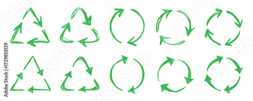 Set of hand drawn recycle arrow icon Recycling resources symbol Reuse of materials, zero waste, green environment, saving the planet